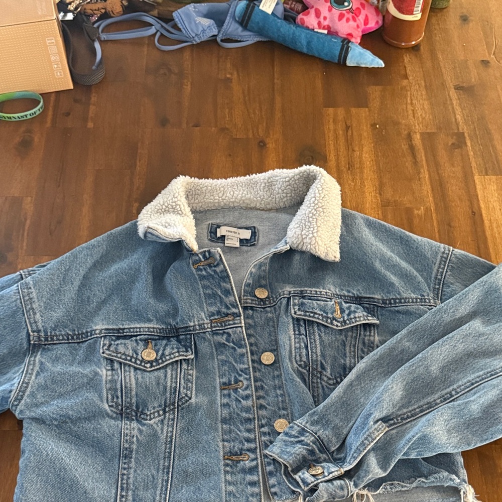 Forever 21 Blue Jean Jacket with White Collar